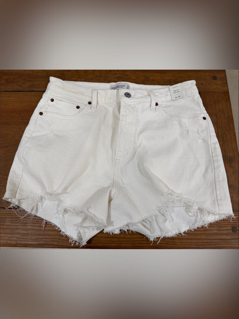 Abercrombie & Fitch Curve Love Mom High Rise White Distressed Denim Shorts